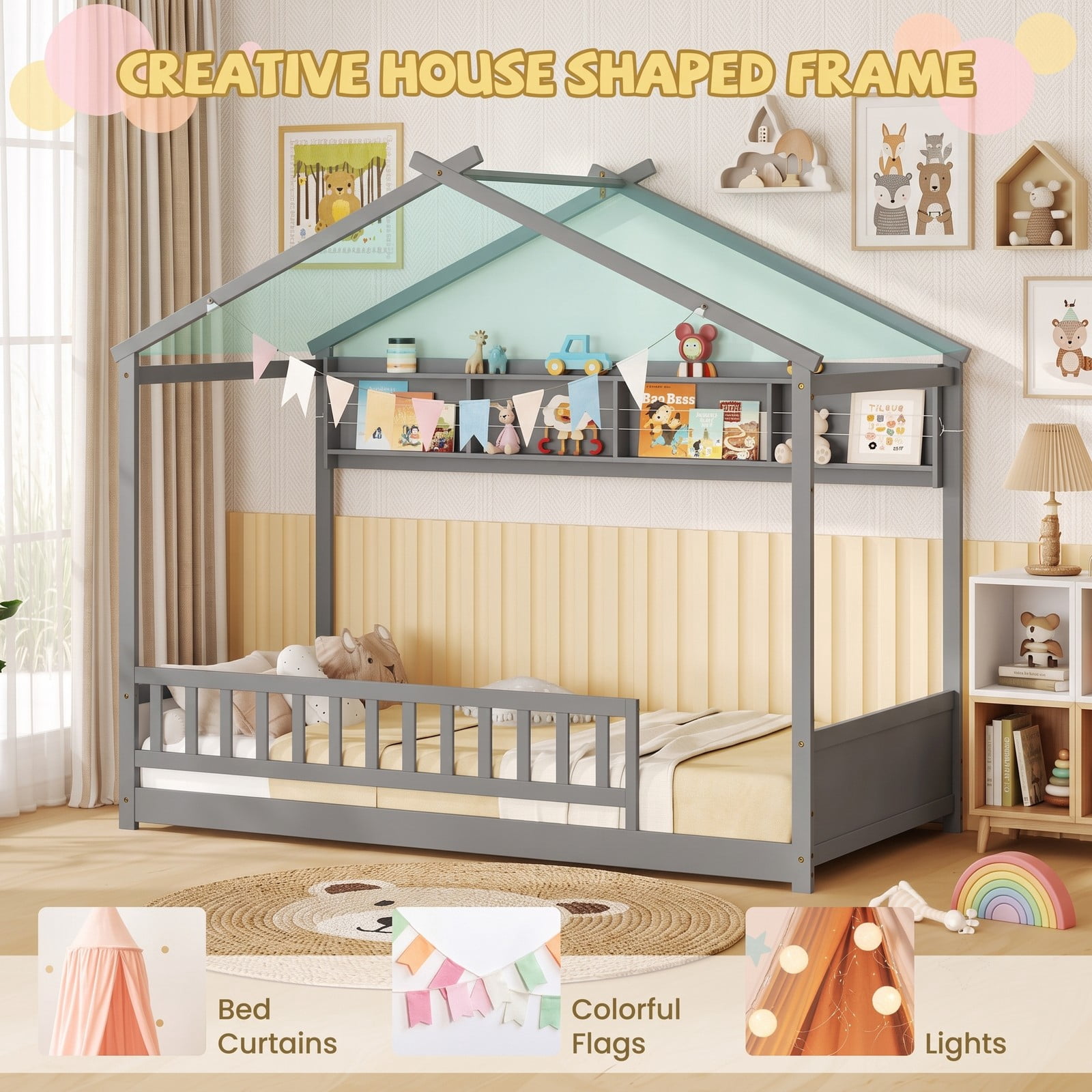 Furnibear Twin Bed Frame with Headboard, House Bed with 4 Cube Storage Shelf and 17 Inch Safety Guardrails for Kids Room, Gray