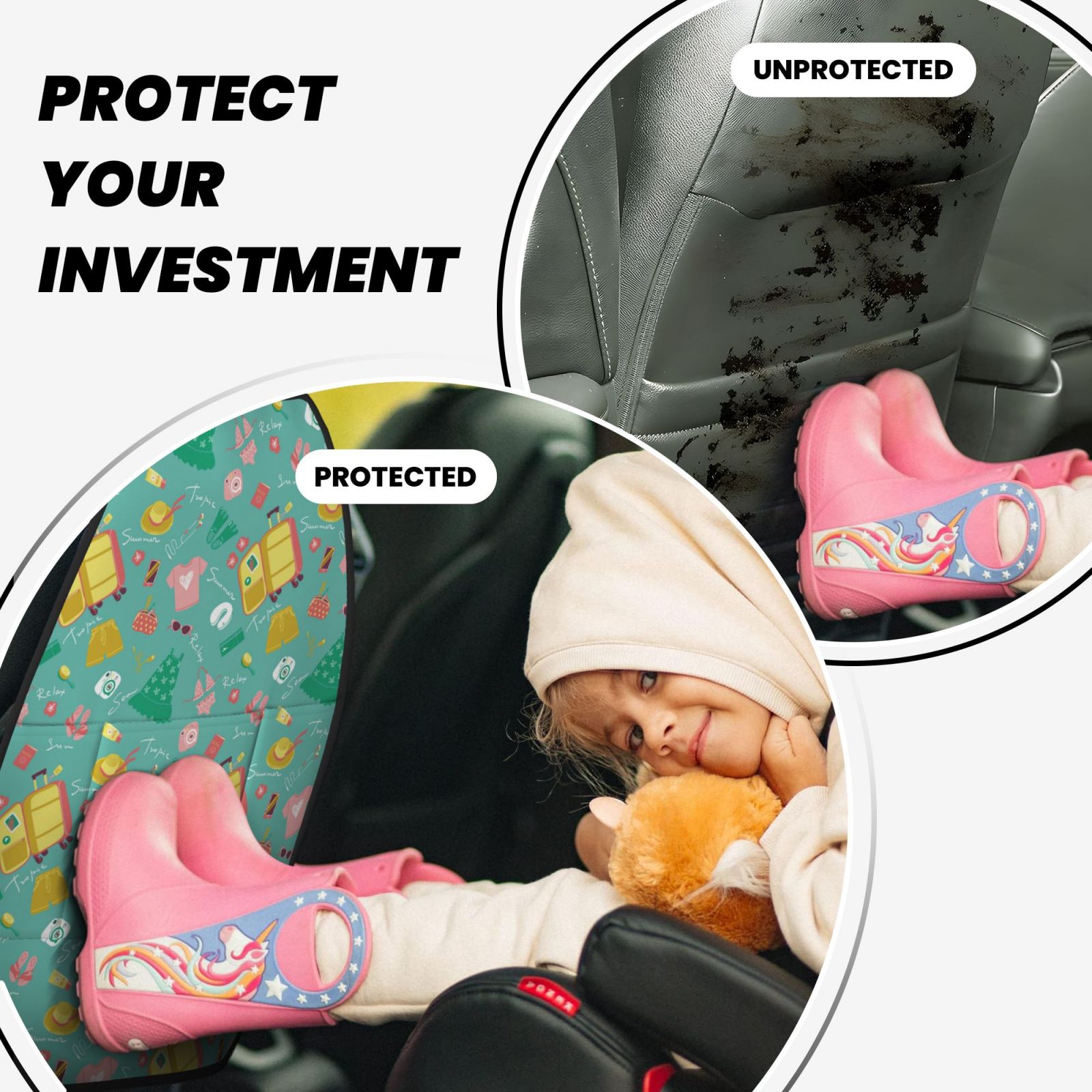 Kdxio Happy Summer Print 2 Pack Car Kick Mat Seat Cover Back Protector Mat with Pockets for Organizer Backseat Protector and Storage Anti Kick Pad for Vehicles