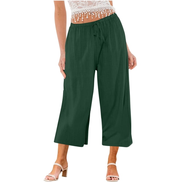 Yuyuzo Wide Leg Pants for Women High Waist Cotton Linen Drawstring Ruched Solid Color Boho Beach Trousers