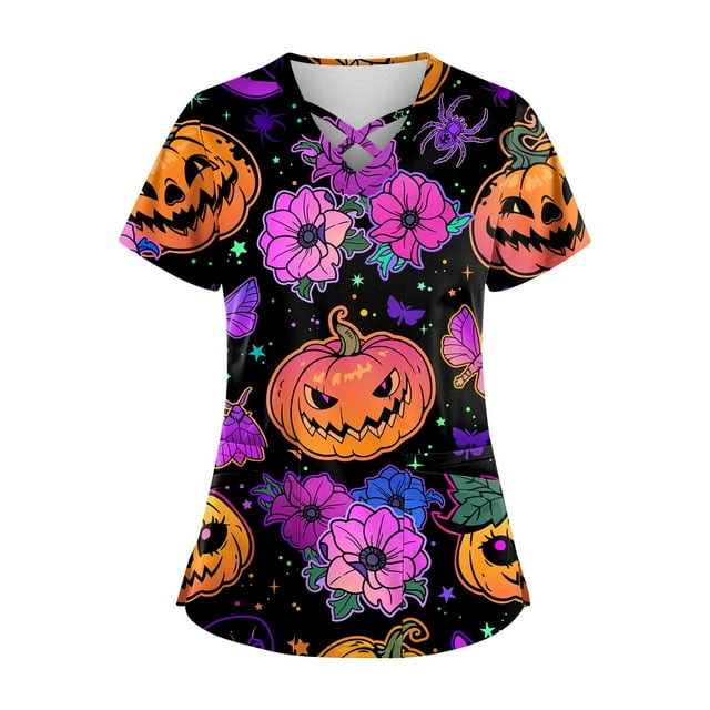 LINMOUA Plus SizePrinted Scrub Working Uniform Tops For Women's Cross V-Neck Halloween Print Short Sleeve Fun T-Shirts Workwear Tee With Pockets