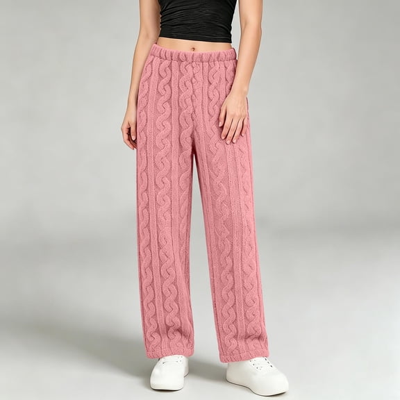 Women Wide Leg Knit Pants Cable Textured Fleece Elastic Waist Casual Trousers for Fall Winter Daily Wear Loungewear