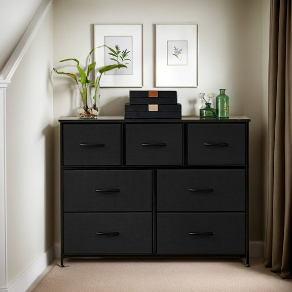 7-Drawer Fabric Storage Dresser - Wood Top TV Stand (Holds 45" TVs) | Multi-Use for Bedroom, Closet & Entryway Organization