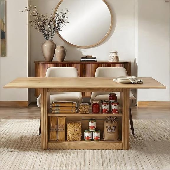 LAZZO 63.3" Rectangular Dining Table for 6 People, Modern Farmhouse Kitchen Table with 2-Tier Storage Shelf, Fluted Wood Table, Oak