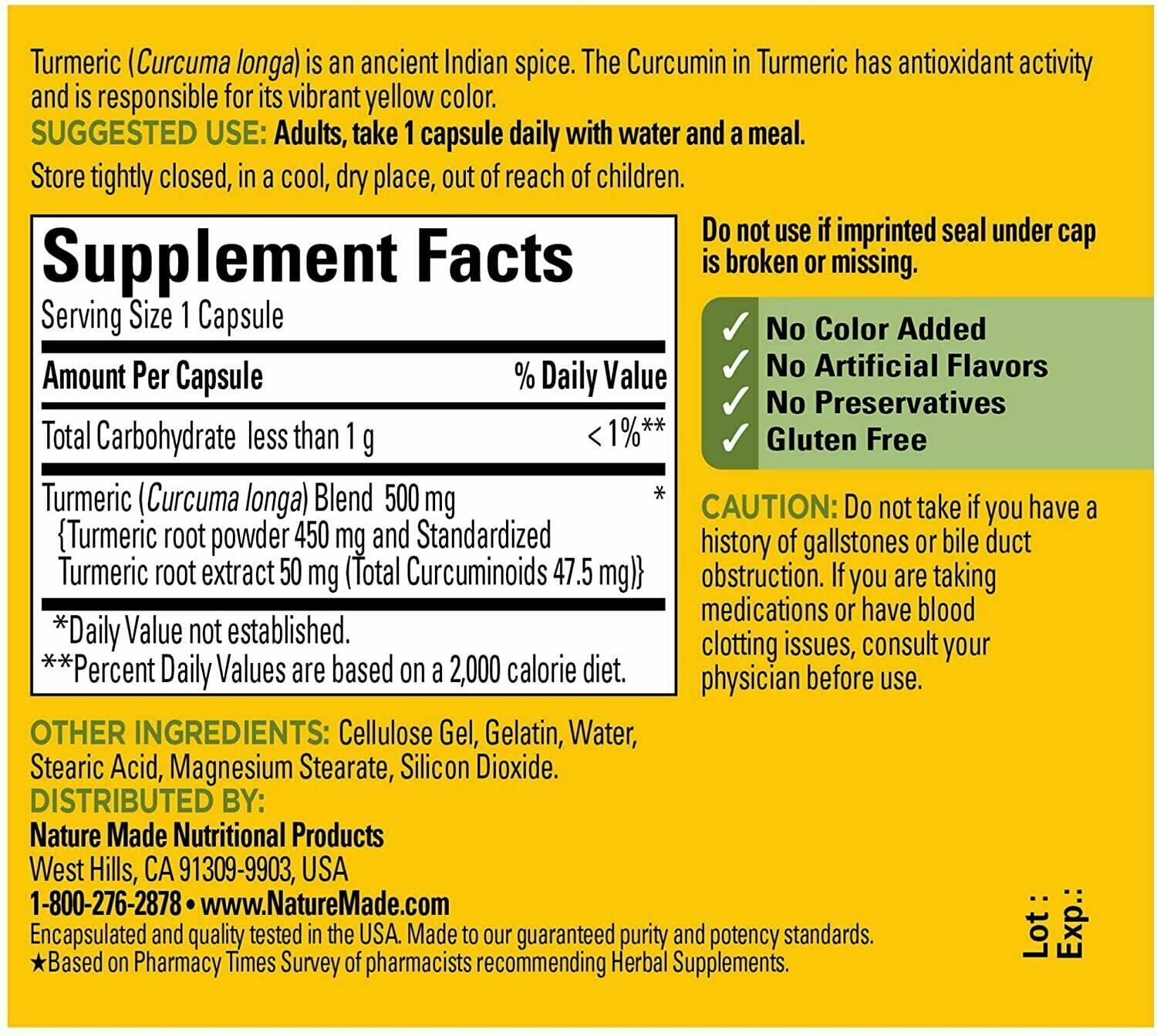 Nature Made Turmeric 500 mg Capsules 60 Each - (Pack of 4)