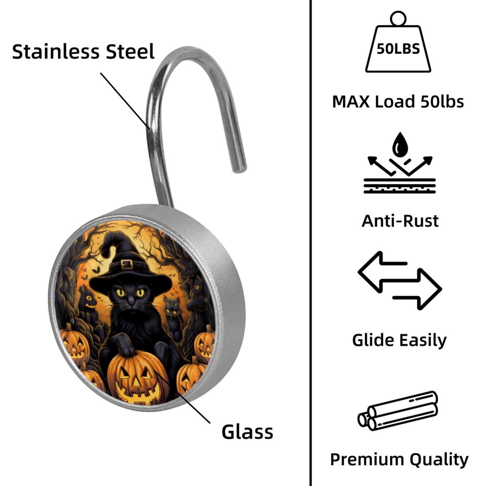 12pcs Decorative Shower Curtain Hooks, Rust Resistant Shower Rings for Bathroom Living Room,Rustproof Stainless Steel Rings for Shower Curtain and Liner Rods,Halloween Cat Q