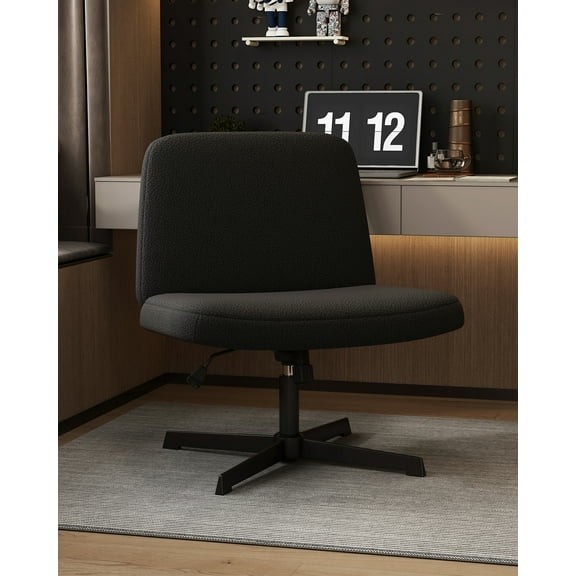 Cross Legged Office Chair,Armless Wide Seat Ergonomic Home Office Desk Chair No Wheels Swivel Home Office Desk Computer Chair for Vanity Home Office Bedroom(Normal Large Seat, Black)