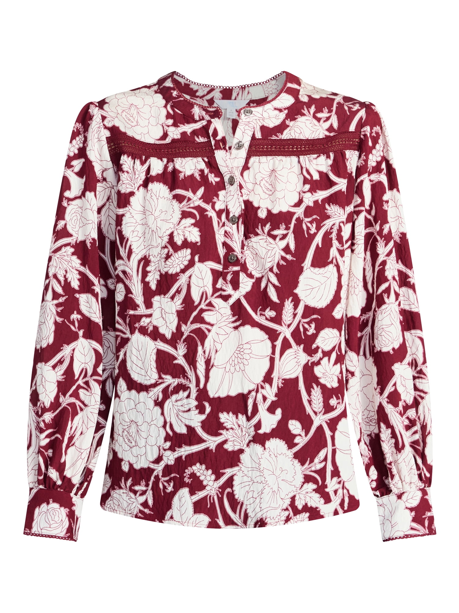 Time and Tru Women's Lace Yoke Shirt with Long Sleeves Sizes XS-XXXL