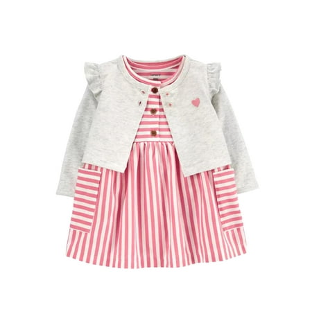 

Grianlook Baby A Line Floral Print Dress Set Crew Neck With Pockets Cardigan + Dresses Holiday Ruffled Autumn Outfits Striped Pink 9M/66cm