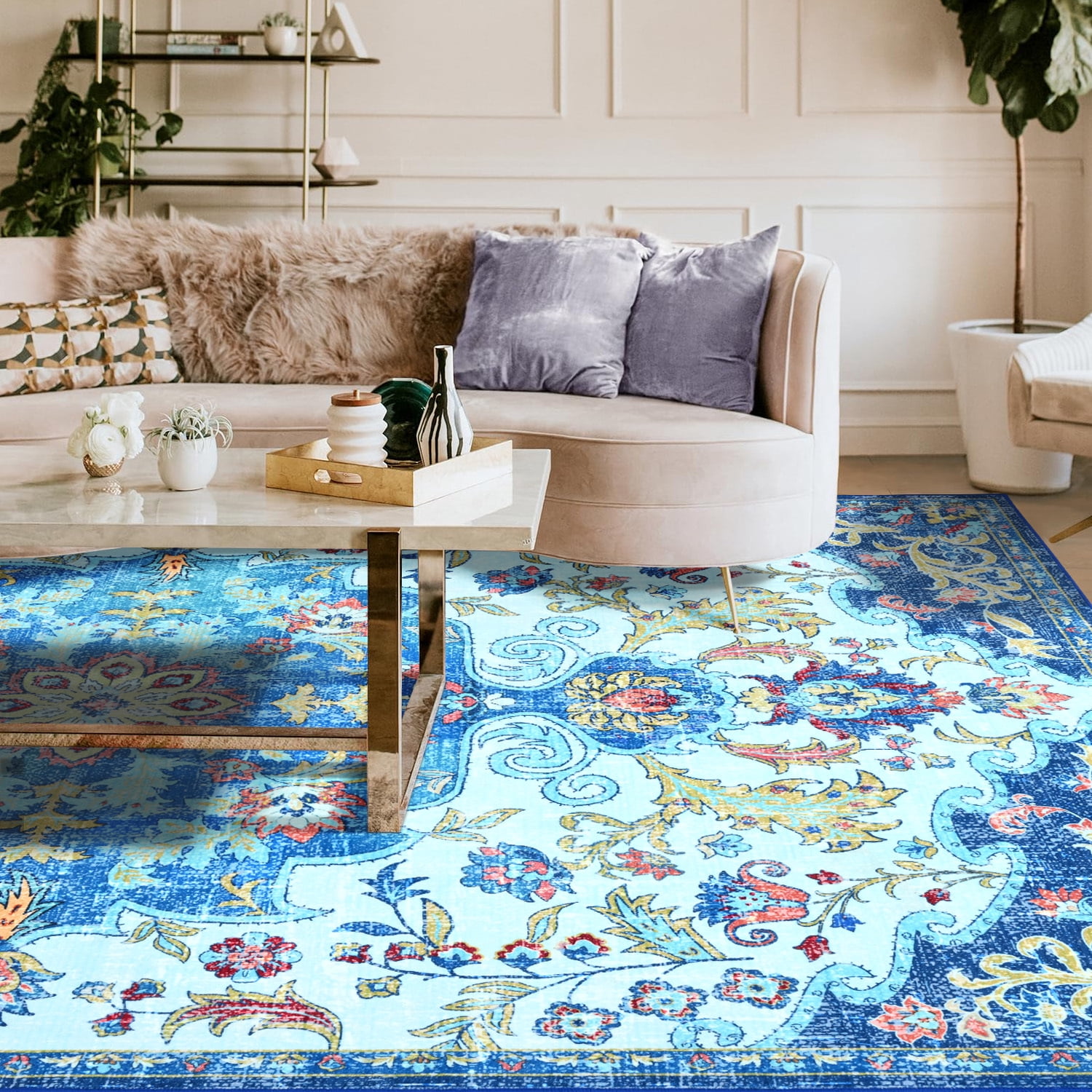 Jamfeel Soft Vintage Rugs Distressed Printed Area Rug Carpet for Living Room Bedroom Home Decor,4'x6',Blue