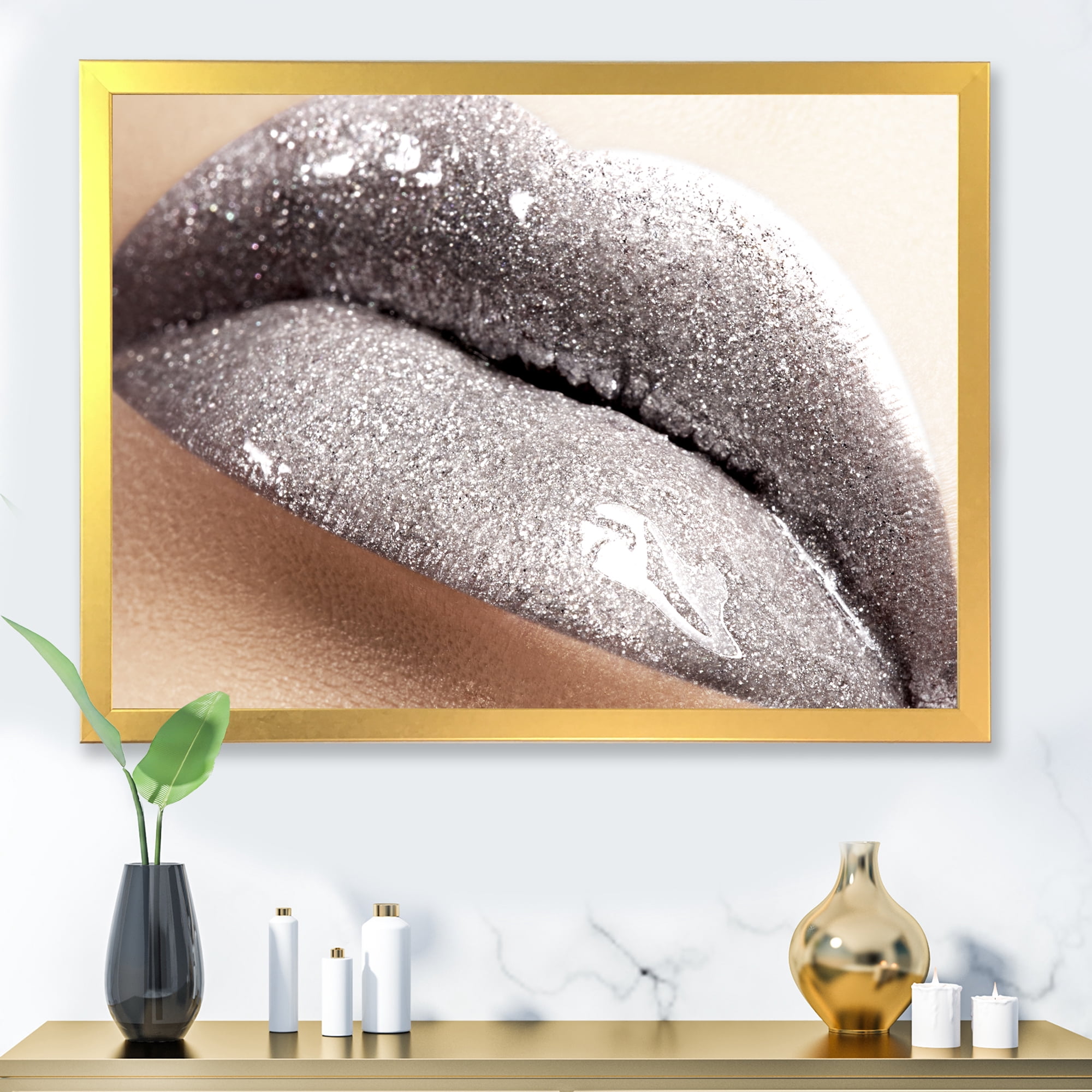 Close Up of Female Lips With Glittering Silver 32 in x 16 in Framed Photography Canvas Art Print, by Designart