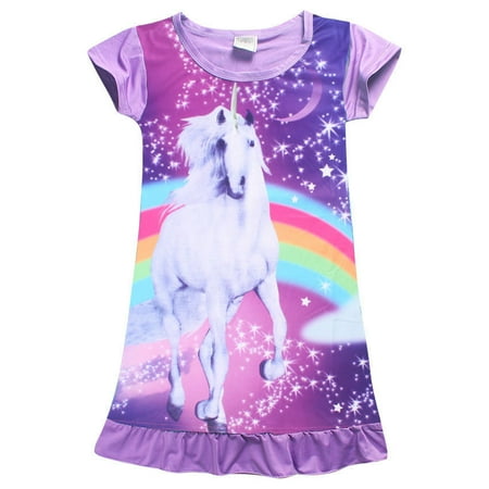 

Little Girls Summer Pajama Dress Cartoon Cute Unicorn Pattern Nightwear Ruffle Hem Classical Round Neck Short Sleeve Sleepwear