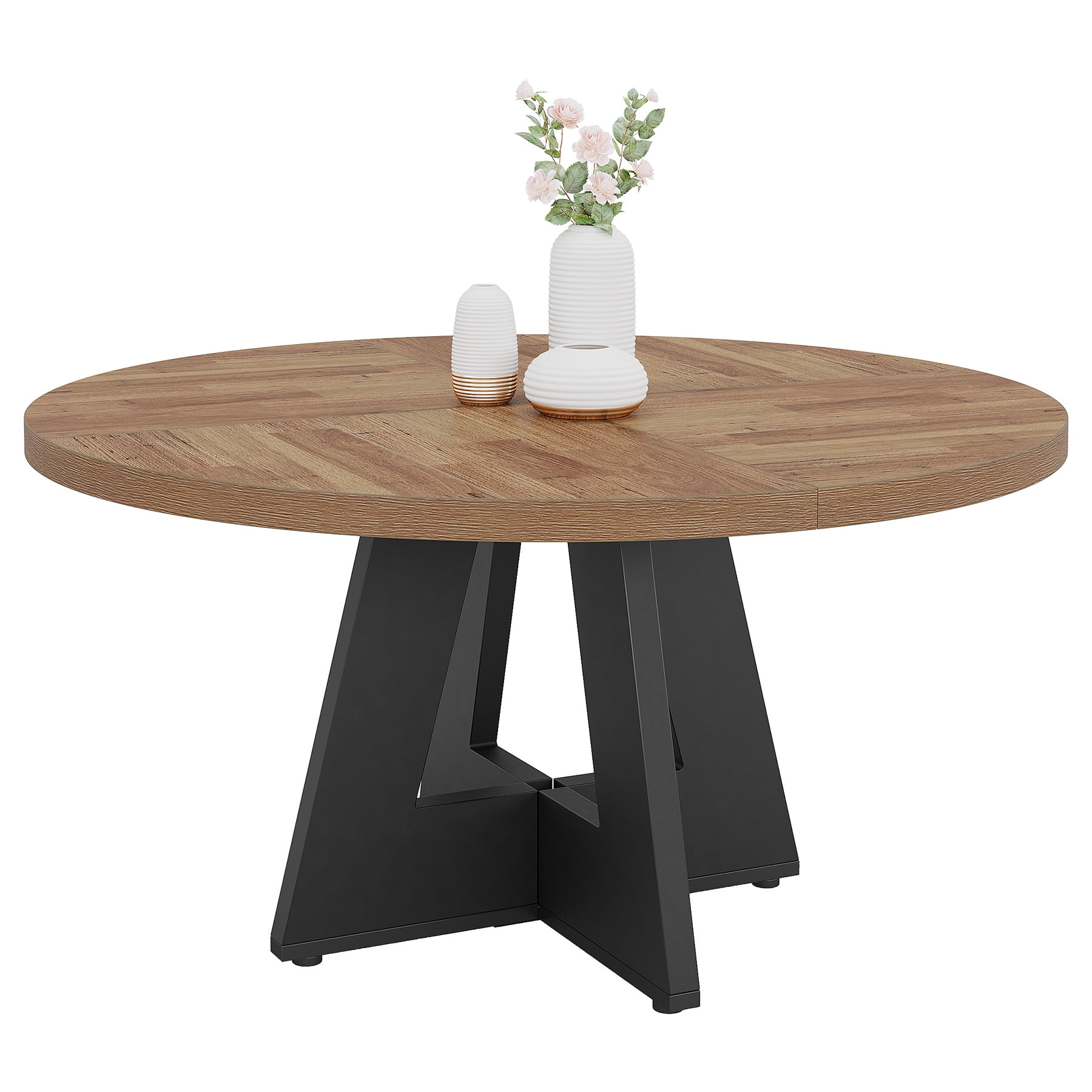 Fnova 47" Coffee Table, Round Dining Table for 4 People, Modern Farmhouse Wooden Kitchen Table, Living Room, Black Brown (Chairs Not Included)