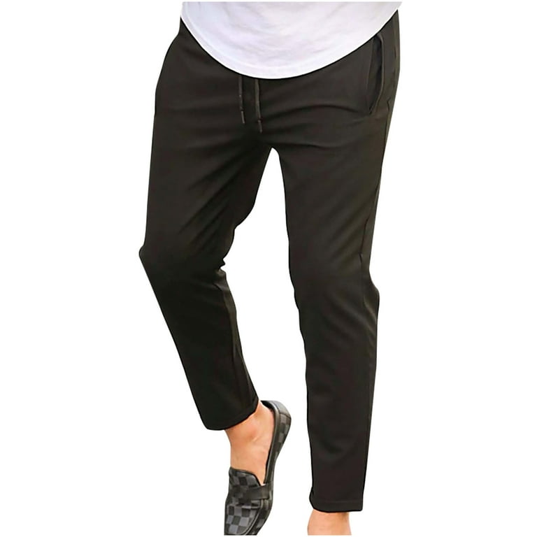 XFLWAM Men's Drawstring Chino Pants Skinny Stretchy Pants Slim Fit Slacks  Tapered Trousers Black XL 
