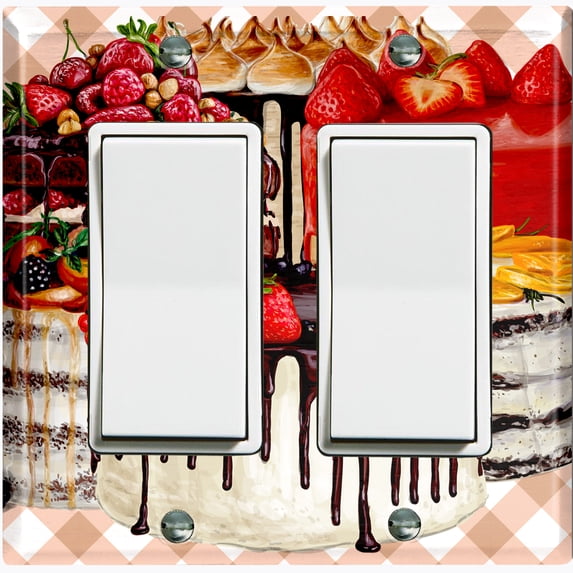 Metal Light Switch Wall Plate Outlet Cover (Layered Chocolate Vanilla Cake Party Berry Fruit - Double Rocker)