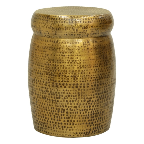Kvira 21" Round Drum Side End Table | Artisan Hammered Embossed Texture | Antique Gold Brass Finish