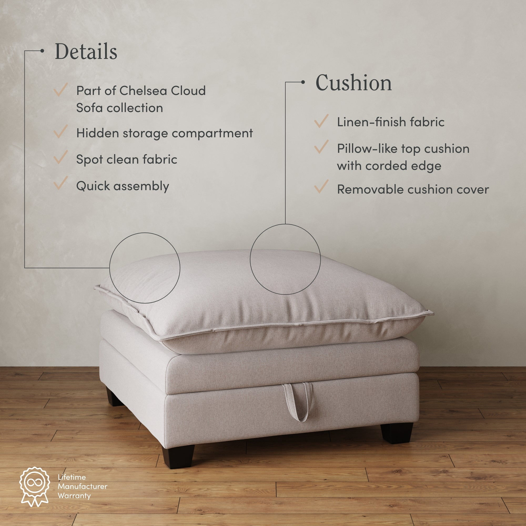 Nathan James Chelsea Modern Cloud Ottoman, Linen Fabric Upholstered Ottoman with Storage, Beige