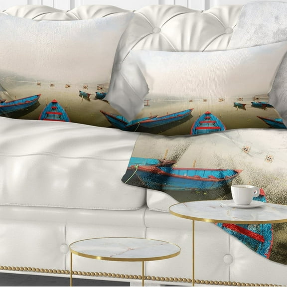 Designart Moving Boats in Mountain Lake - Boat Throw Pillow - 12x20