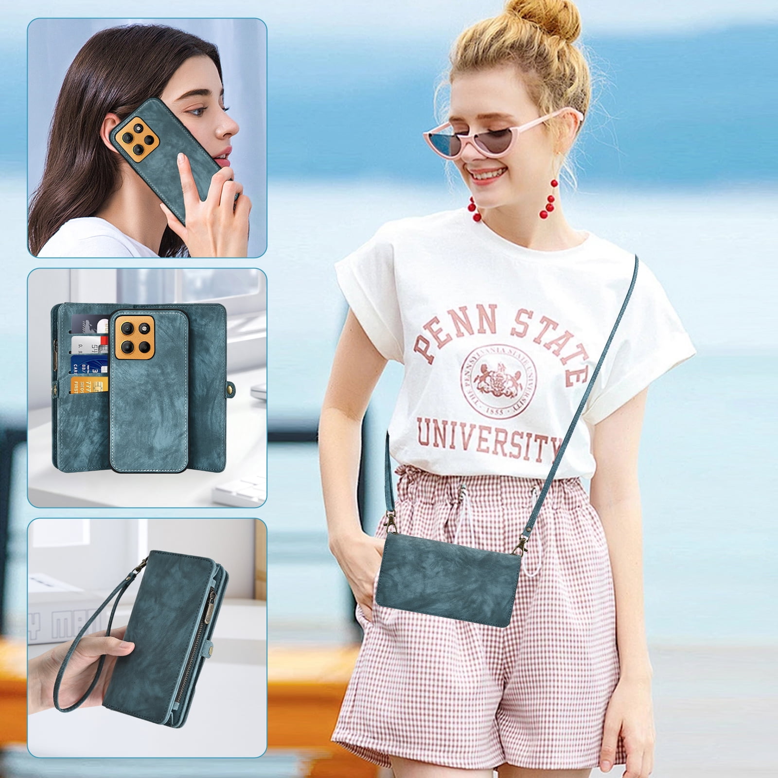 Asuwish Phone Case for Motorola Moto G15 4G Lte Zipper Wallet Detachable Cell Cover with Tempered Glass Screen Protector Crossbody Lanyard Strap Flip Card Holder Slot MotoG15 G 15 XT2521-2 Women Blue