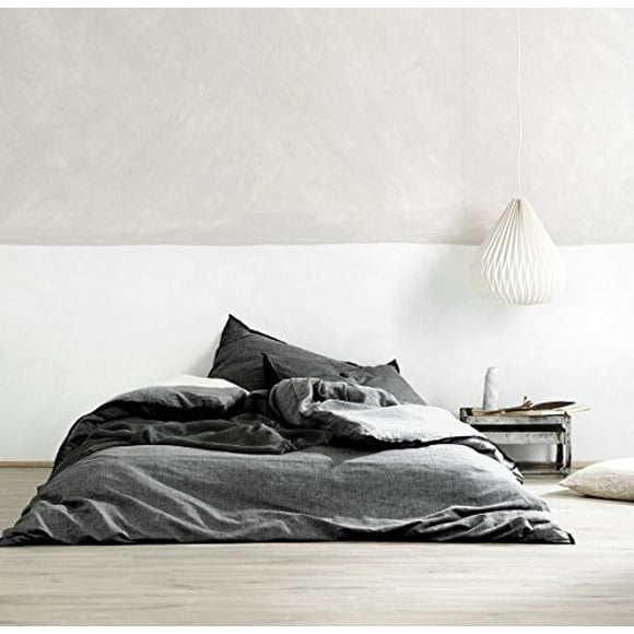 Eikei Washed Cotton Chambray Duvet Cover Solid Color Casual Modern Style Bedding Set Relaxed Soft Feel Natural Wrinkled Look (Queen, Dark Grey)