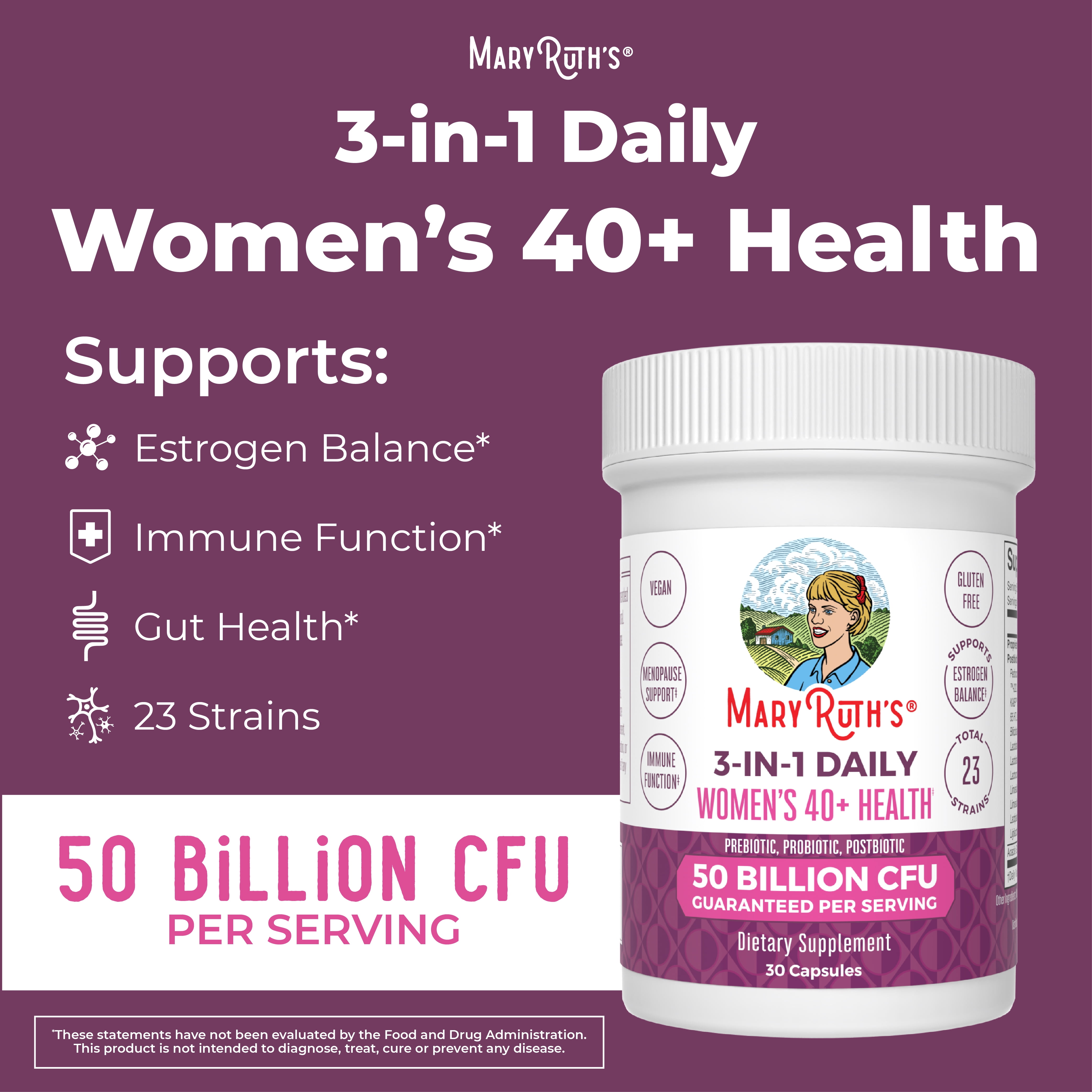 MaryRuth's Women's 40+ Probiotic Blend Capsules 50 Billion CFU Vegan Gluten-Free Dairy-Free 30 Capsules