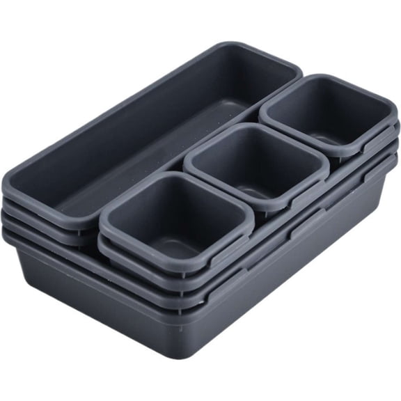 Dark Gray Interlocking Plastic Drawer Organizer Tray Set, 8‑Piece Modular Storage Bins For Kitchen Vanity Desk Office Small Item Arrangement
