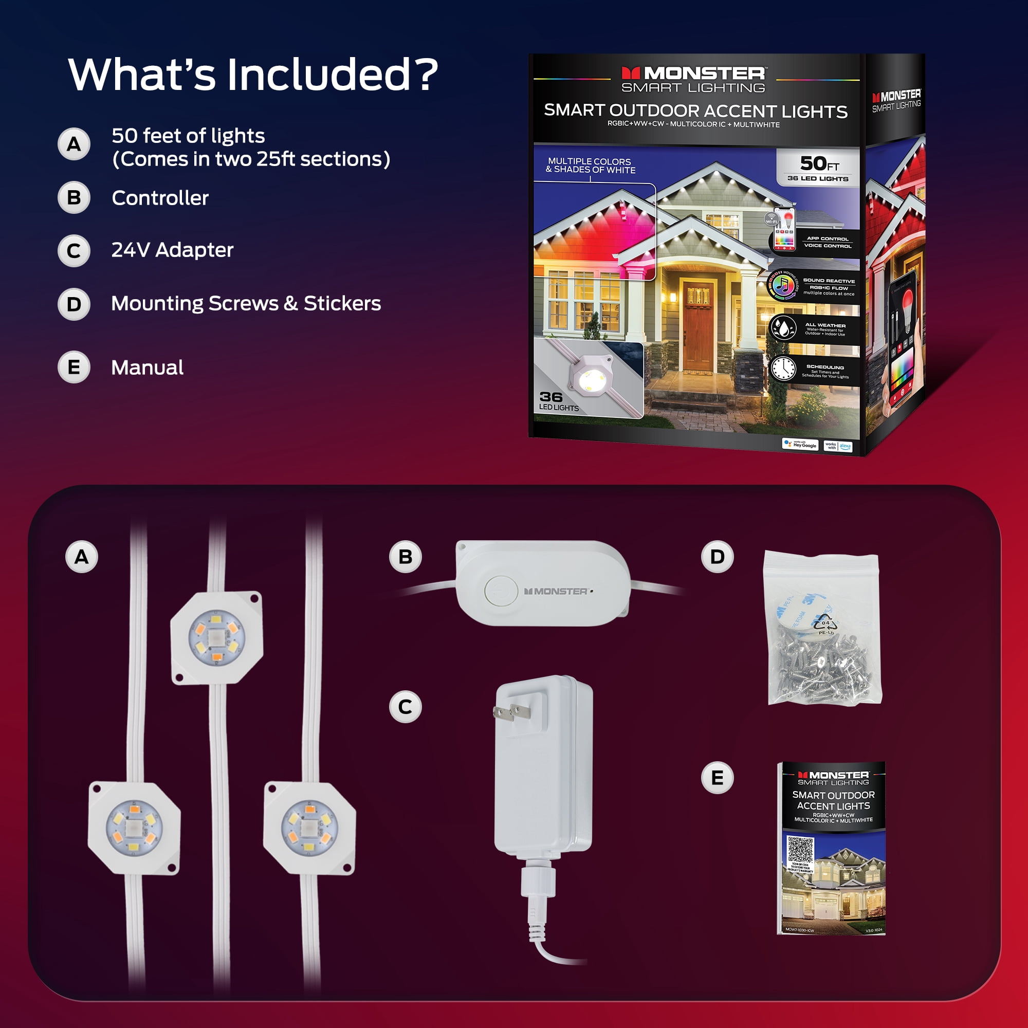 Monster 50 ft Permanent Outdoor Lights Smart, LEDs, Multi-White & Full Color, All-Weather Waterproof, App & Voice Control – Holiday & Year-Round Outdoor String Lighting