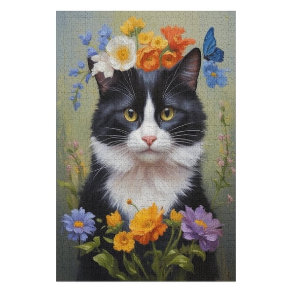 Tuxedo Cat with Flower and Butterfly 500 Piece Jigsaw Puzzle for Adults, Nature Cat Puzzle for Home Decor, Stress Relief, and Relaxing Puzzle Nights