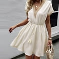 thumbnail image 3 of Gaecuw Women Dresses for Wedding Guest V Neck Short Sleeve Champagne Dresses Above the Knee Short Dress Swing Party Dress Hollow Prom Dresses Polyester Flowy Graduation Dresses Solid Semi Formal Dress, 3 of 6