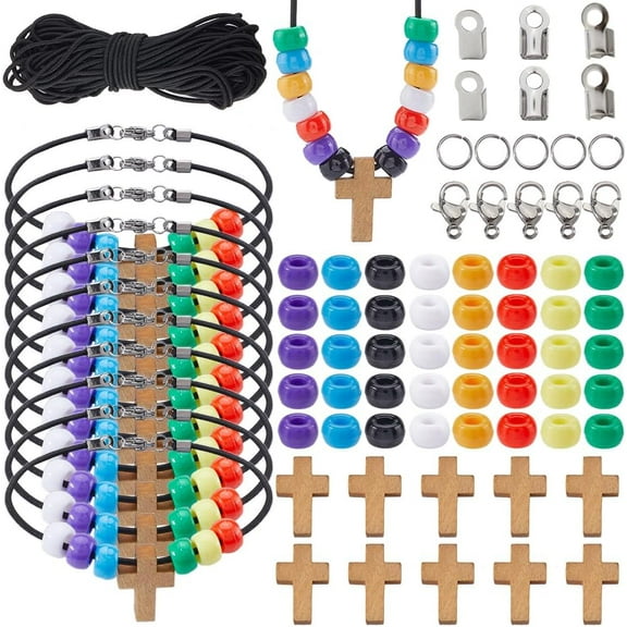 590Pcs Bracelet Making Kits 7 Beads Wood Charm Mini Crucifix Charms Plastic Barrel Beads Colorful Pony Beads Spacer Bead for Jewelry Making Kits Adults Women DIY Craft Supplies DIY