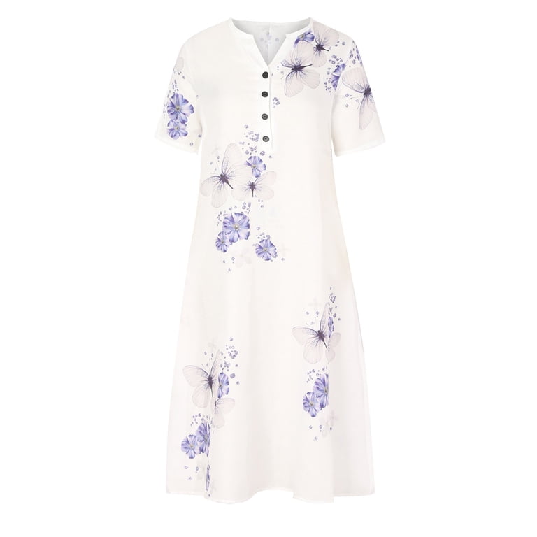 Jacenvly Wear to Work White Dresses for Women Fashion Ladies Casual Loose Butterfly Printing V-Neck Short Sleeve Button Pockets Long Dress Cheistmas