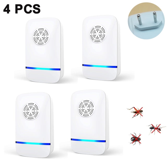 Repelente ultrasónico de plagas, 4 paquetes, enchufe repelente electrónico de plagas para interiores para mosquitos, ratones, cucarachas, arañas, insectos