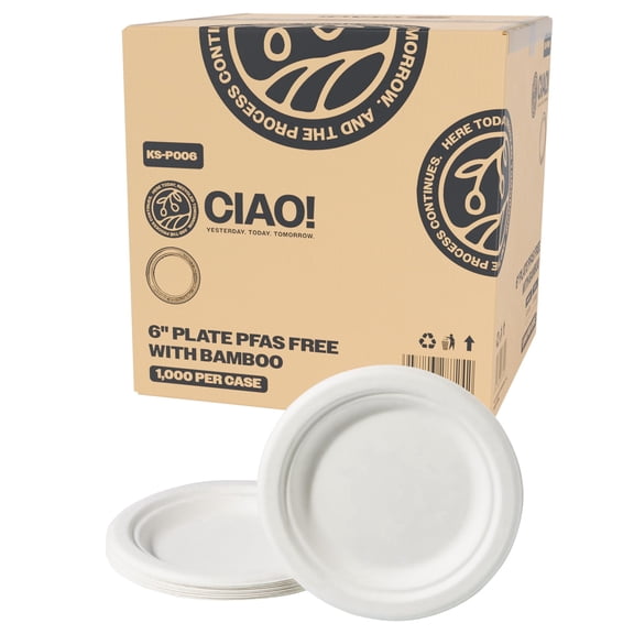 CIAO! 6" Heavy Duty Plate 100% Compostable Ecofriendly Unbleached Bagasse Natural White (Pack of 1,000)