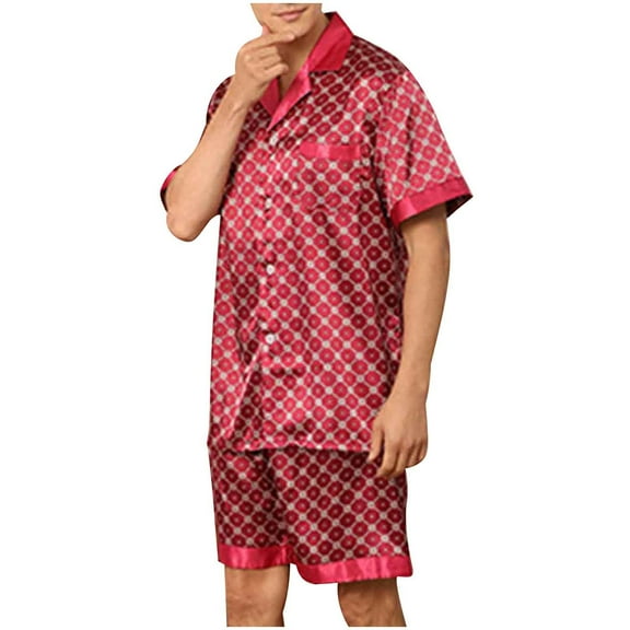 Edvintorg Men Pajama Sets Loungewear Solid Casual Button Closure Print Short-Sleeve Pajama Shorts Set with Pockets