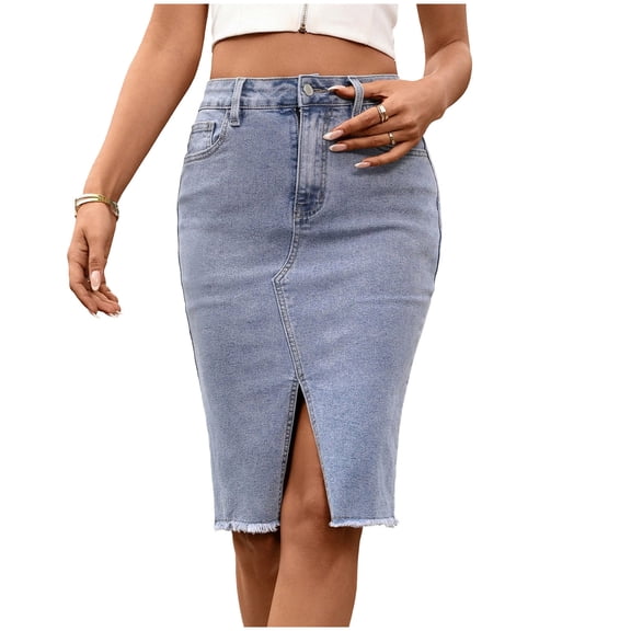 Npasoilc Denim Mid-Length Skirt for Women Button Front with Pockets Front Split Casual Half Jean Skirt