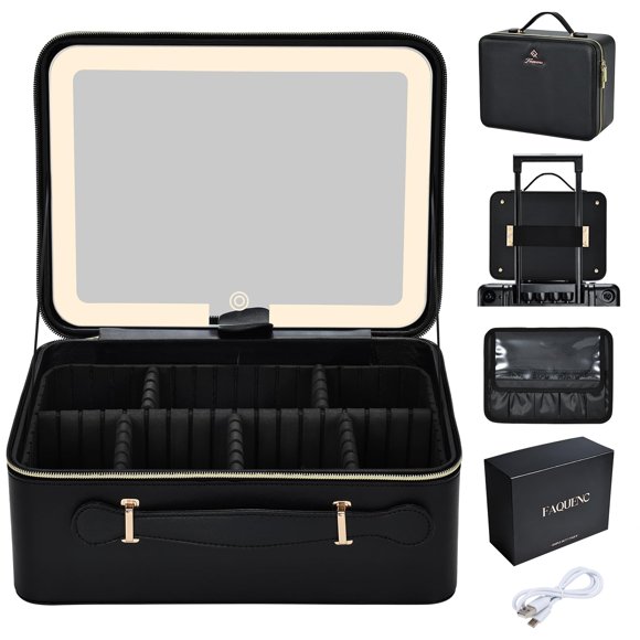 Bolsa de maquillaje Faquenc de 29 cm con espejo iluminado por LED y separadores, color negro