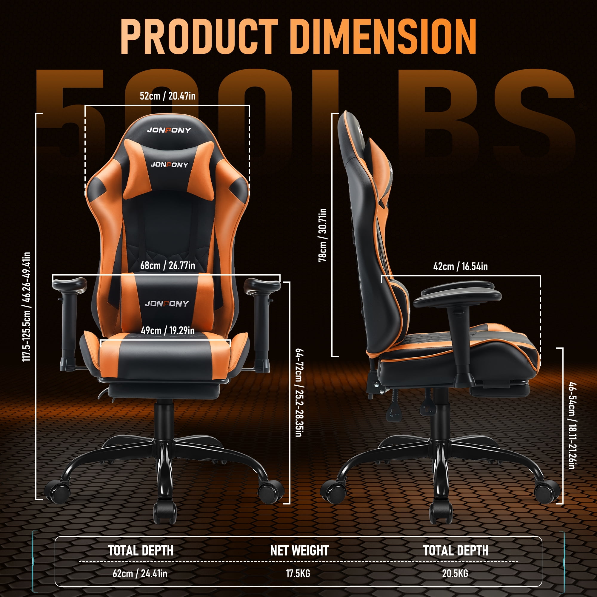 JONPONY Big and Tall 500LBS Gaming Chair, Ergonomic Design with 2D Armrests,PU Leather with Footrest and Lumbar Support, High Back Office Chair Support 8 Hours Long Sitting, Computer Chair,Orange