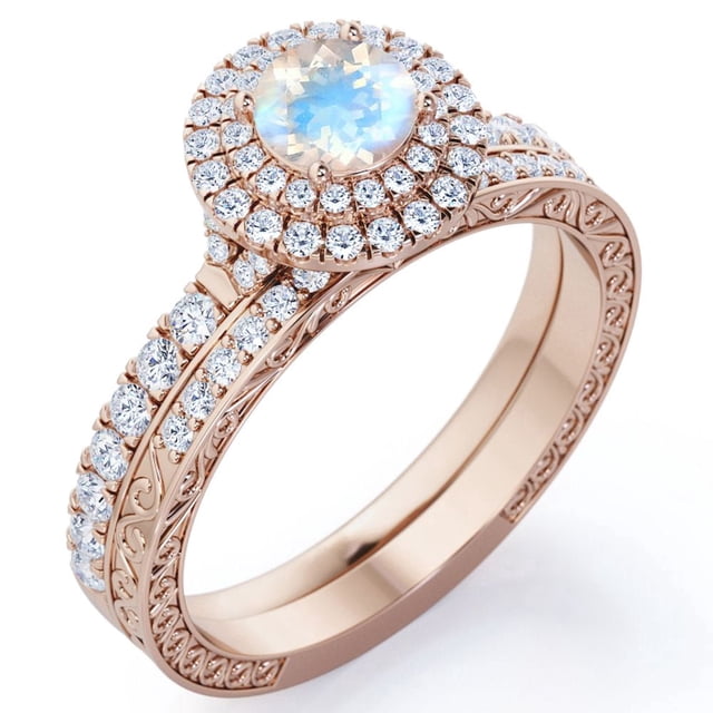 JeenMata Anillo de Estilo Eduardiano Piedra Lunar Azul Redonda de 1,75 Quilates y Moissanita: Juego de Anillos de Boda con Halo Doble Pavé: Baño de Oro Rosa de 18 K sobre Plata