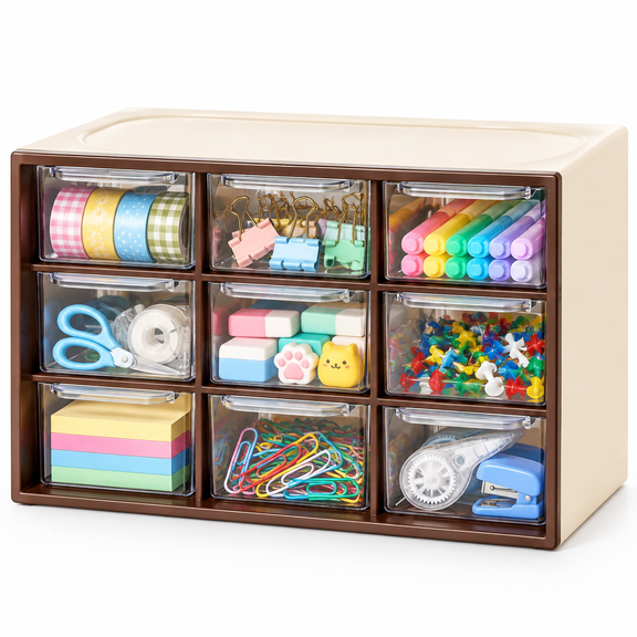 Small Drawer Organizer for Desk, Teacher Toolbox Organizer with 9 Clear Drawers Plastic Desktop Craft Storage Box for Desk Office Classroom Home, 7" x 3.8" x 4.7"