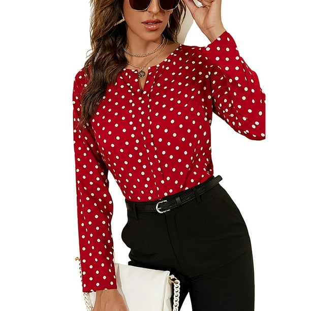 Sexy Dance Ladies Blouse Crewneck Tops Long Sleeve Shirts Elegant Tunic  Shirt V Neck Big Red Dot XL 