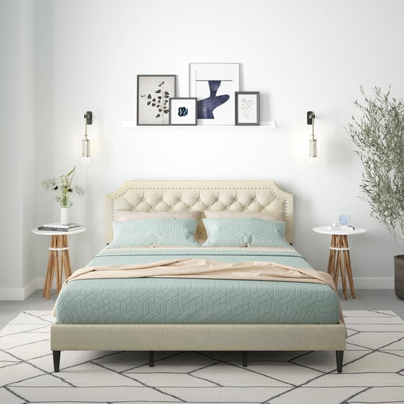 Curta Upholstered Platform Bed / Clipped Nailhead Trim with Button Tufting / Mattress Foundation / No Box Spring / Easy Assembly, Beige, California King