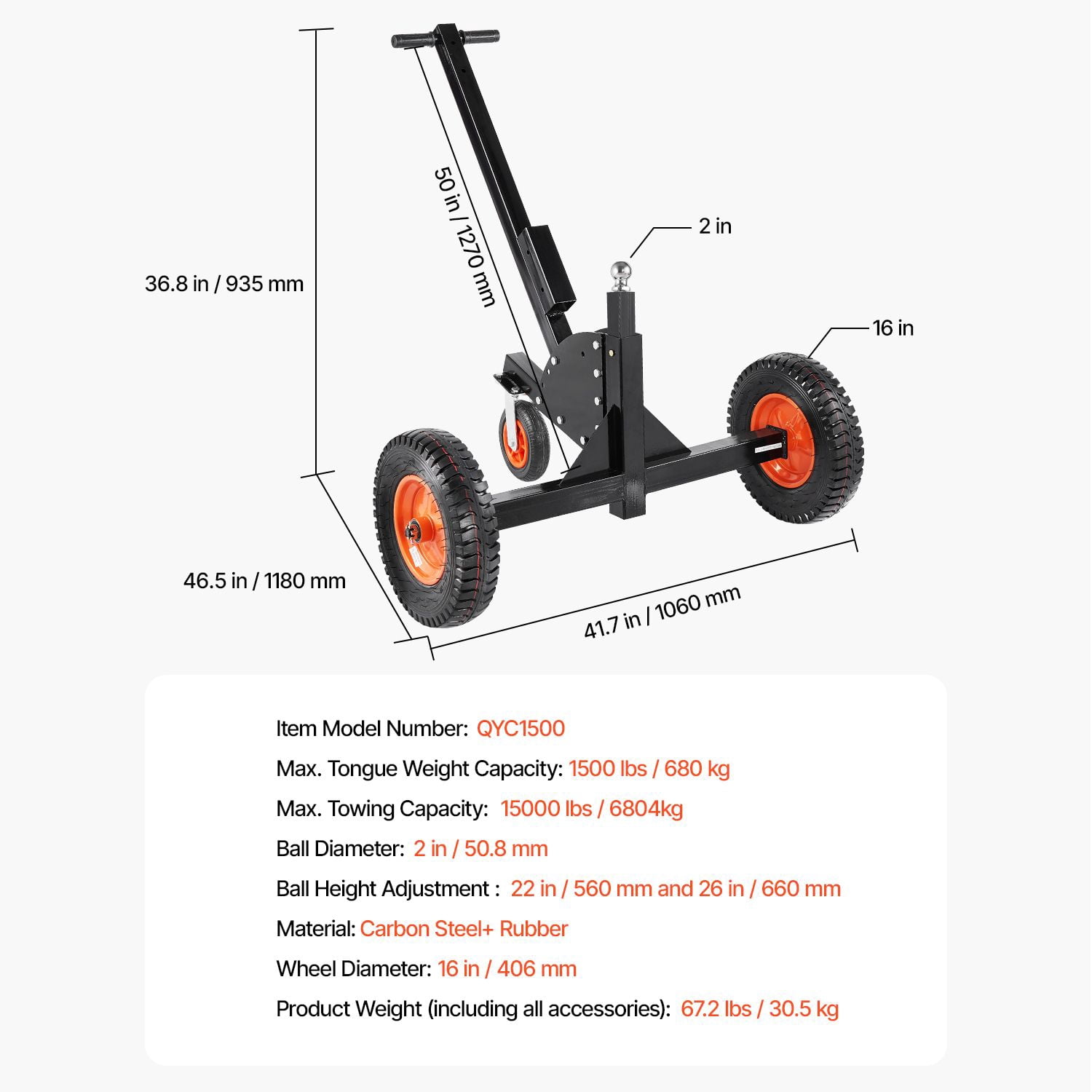 Heavy Duty Trailer Dolly, 1500lbs Tongue Weight Capacity, 2 in 1 Trailer Mover with 2 in Ball, 16 in Pneumatic Tires and Universal Wheel, Portable Tow Dolly for Moving Car RV Trailer