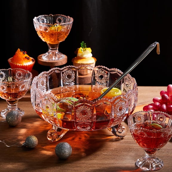 Vintage Crystal Glass Punch Bowl Set Clear 1 Large Glass Punch Bowl with Ladle and 4 Cups 1 Gallon Drink Dispenser 8oz Cups for Party Wedding Serveware Centerpiece Table Decoration