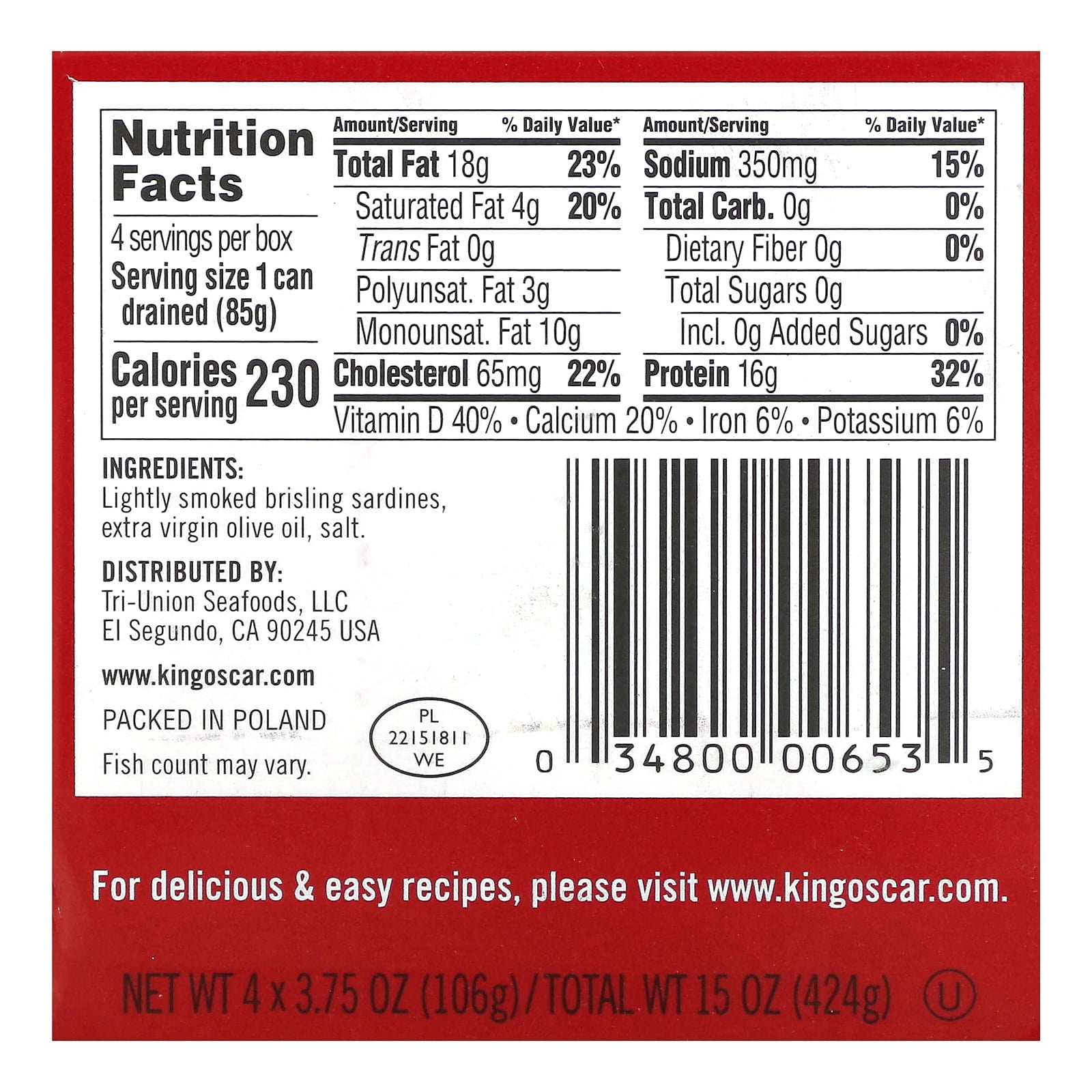 King Oscar Wild Caught Sardines in Extra Virgin Olive Oil 4 - 3.75 oz Cans