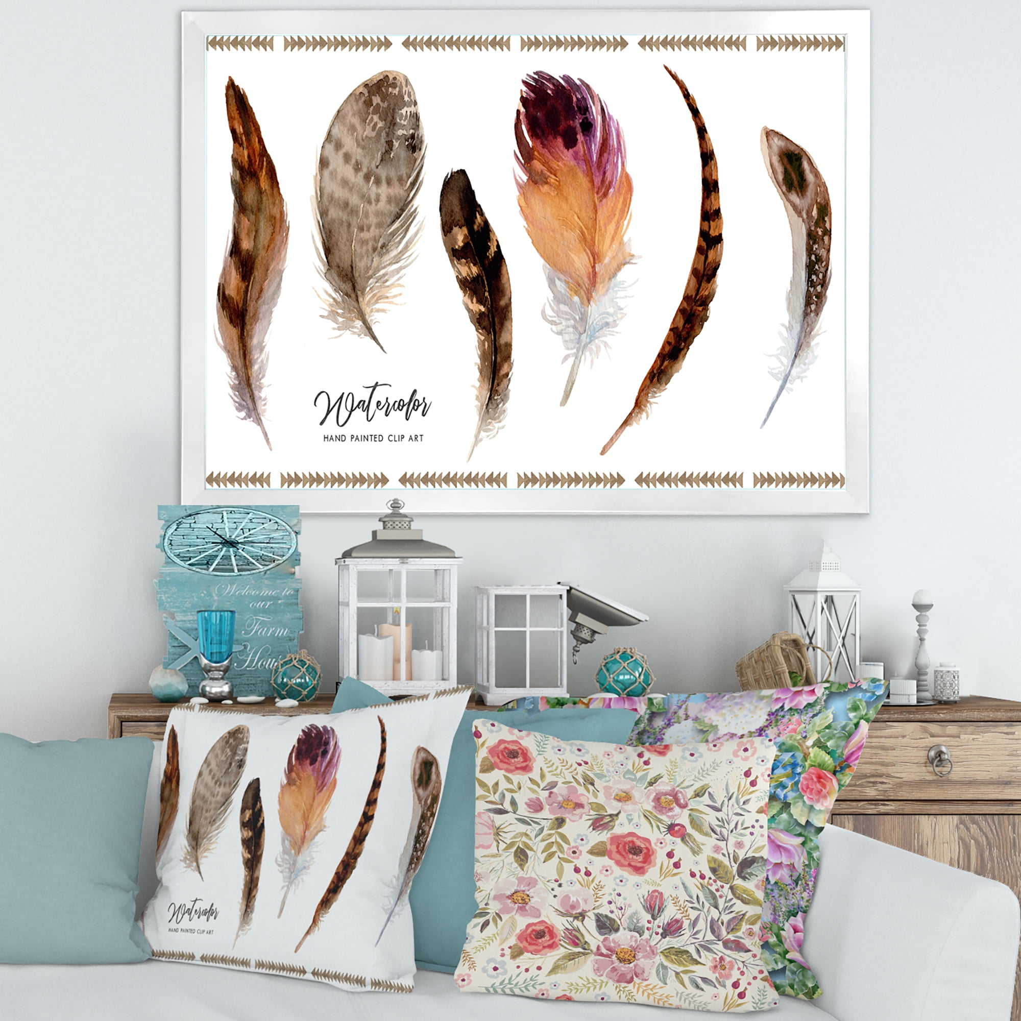 Designart 'Exotic Vibrant Boho Watercolor Feathers' Bohemian & Eclectic Framed Art Print