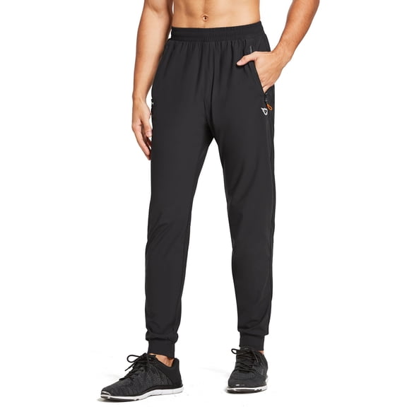 BALEAF Men's Lightweight Jogger Pants Workout Running Athletic Training Gym Quick Dry Tapered Joggers Zipper Pockets Black S