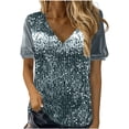 thumbnail image 2 of Laqbezok Women V-Neck Sequin Sparkly Velvet Short Puff Sleeve Party Top Fashion Sparkle Outfit, 2 of 6