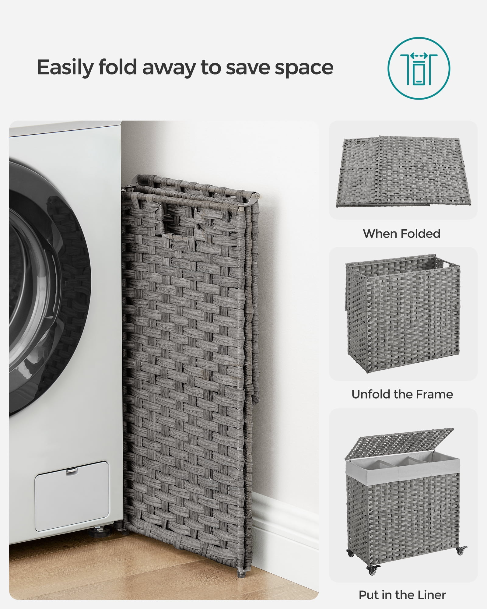 160L Laundry Hamper with Lid Rolling Laundry Basket with Wheels 3-Section Synthetic Rattan Laundry Hamper Removable Liner for Bedroom Gray