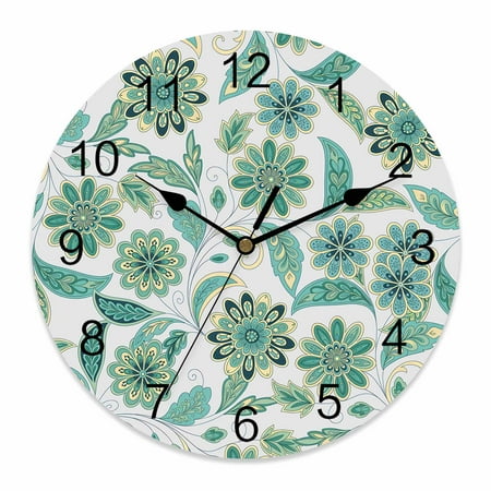 Wall Clock Turquoise Paisley Flower Clocks PVC Silent Non-Ticking Battery Operated Decorative Abstract Boho Floral Round Clock for Home Living Room Kitchen Bedroom Office School Wall Decor 14 Inch