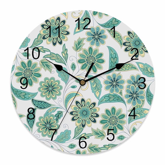 Wall Clock Turquoise Paisley Flower Clocks PVC Silent Non-Ticking Battery Operated Decorative Abstract Boho Floral Round Clock for Home Living Room Kitchen Bedroom Office School Wall Decor 14 Inch