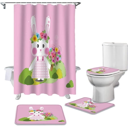 ZHANZZK Happy Easter 4 Piece Bathroom Set Shower Curtain Bath Rug Contour Mat and Toilet Lid Cover